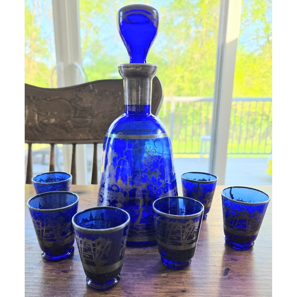 Antique Cobalt Blue w Silver Overlay Decanter Cordial Liquor Set Venice Italy